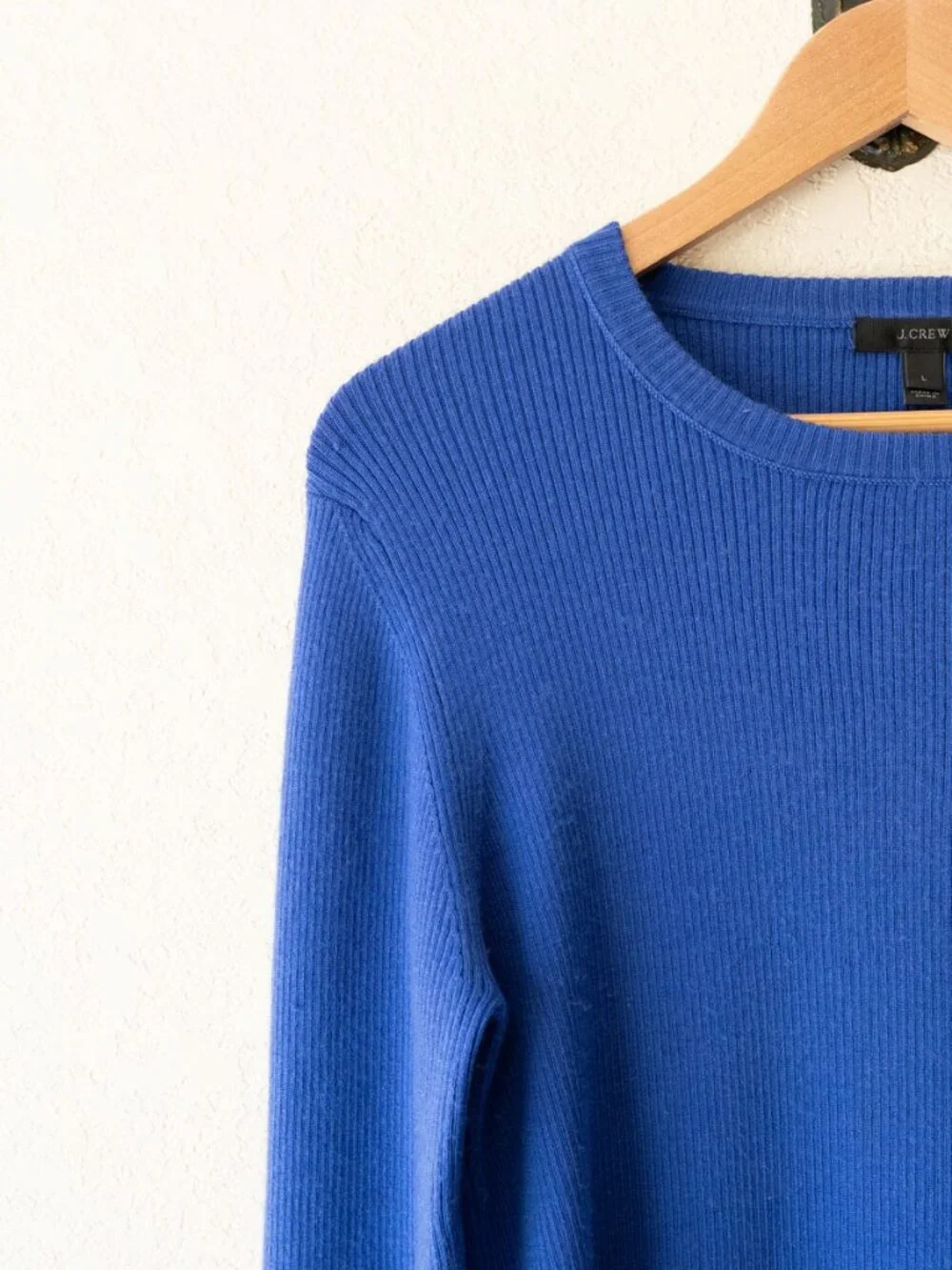 J Crew Merino Wool Blend Ribbed Sweater L Blue Long Sleeve Lightweight Knit